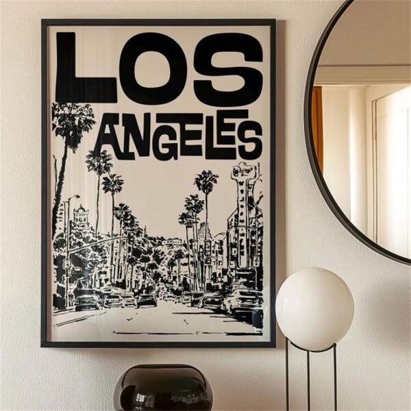 1 Pezzo cartellone di stampa su tela Turismo Los Angeles in bianco e nero, illustrazione vintage dipinta a mano di Los Angeles, arte murale del turismo di Los Angeles in stile mid-century, arte murale della California per soggiorno moderno o camera da letto, opera d'arte decorativa senza cornice