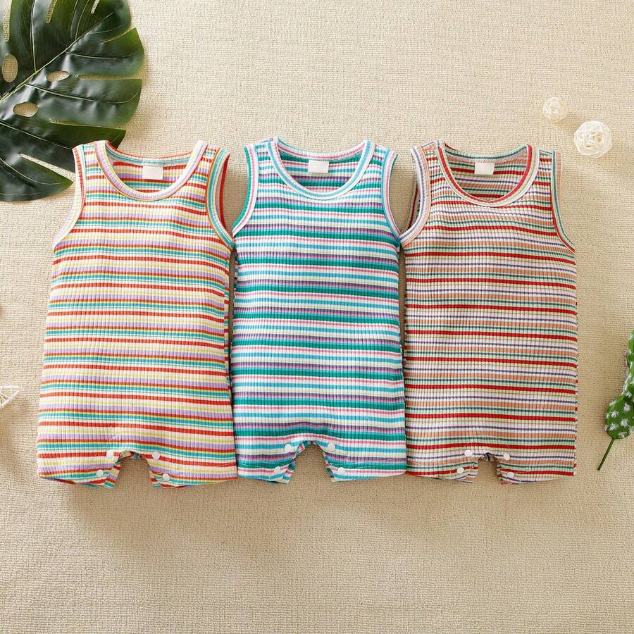 Conjunto de 3 piezas para recién nacido niño – Peleles sin mangas de verano con rayas arcoíris - Multicolor - Ver 1