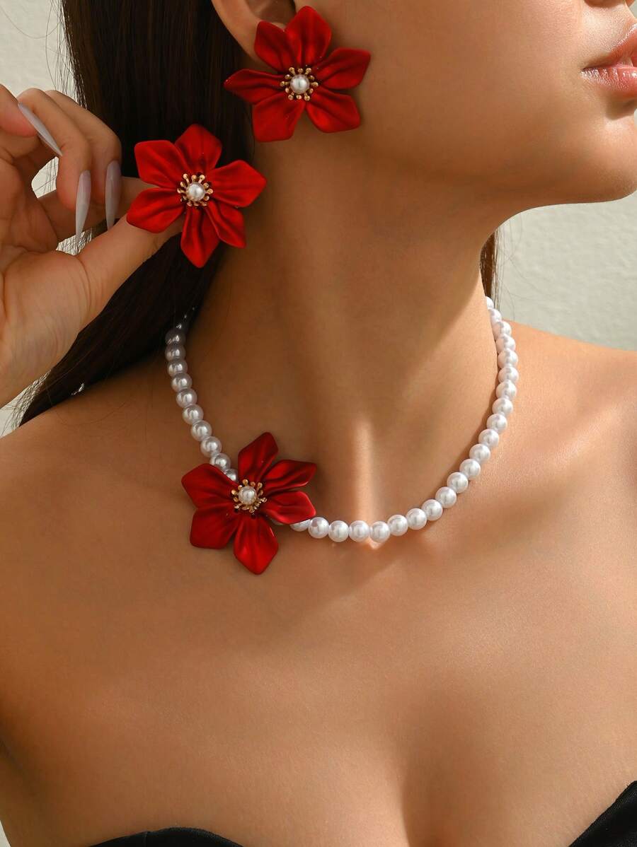 Conjunto de 3 peças de colar elegante + brincos, estilo romântico de palácio francês, pérola falsa, design de flor de acrílico vermelho 3D, adequado para uso diário, banquete, presente de luxo, qualidade premium