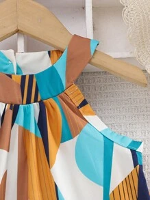 Set de 2 piezas para niñas bebés con top halter y pantalones estampado geométrico cuadrado, look casual de vacaciones