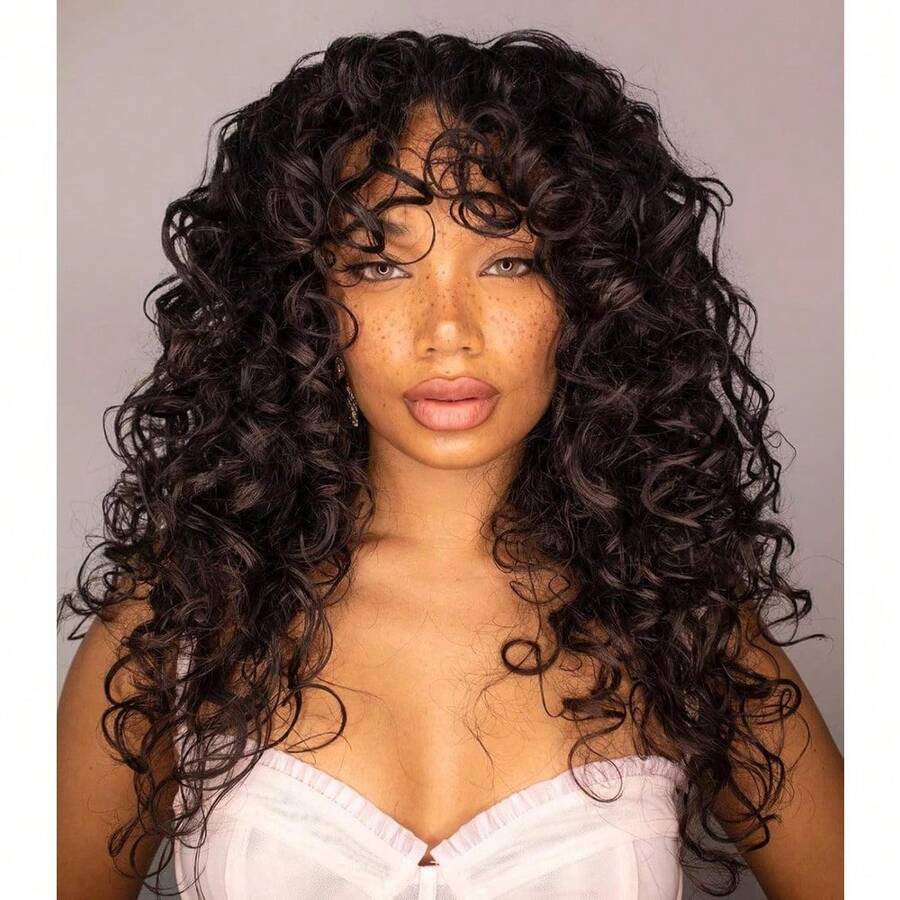 GKtineke-Curly-Wig Big-Curly-Wigs-For-Women 20 Inch- Long-Curly-Afro-Wig-With-Bangs Synthetic-Hair-Replacement-Wigs-For- Cosplay And Daily (Brown) - màu nâu - Xem 1