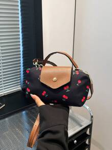 Nuova mini borsa a patta in nylon impermeabile per primavera/estate, borsa a tracolla o a spalla con stampa a ciliegie, adatta per shopping, feste, pendolarismo, rossetto