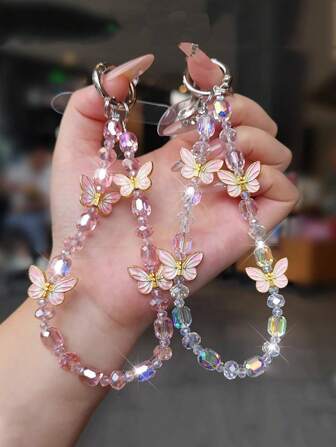 1pc Elegant Butterfly Mobile Phone Chain, Delicate Crystal Pendant, Handmade Beaded Strap, Short Wrist Accessory, Suitable For Outdoor Travel And Shopping, Phone Case Hanging Chain With Pad Included