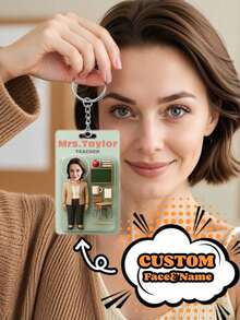 1pc Custom Teacher Keychain With 3D Flat Figurine – Personalized Acrylic Key Ring With Face, Name & Text – Gift For Teachers, Moms, Friends, Educators, Female Professors - Teacher - View 4