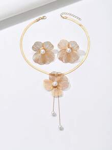 3 件套优雅项链 + 耳环女士首饰套装，时尚创意镂空金属花卉蝴蝶设计，配人造珍珠长项链，百搭配饰