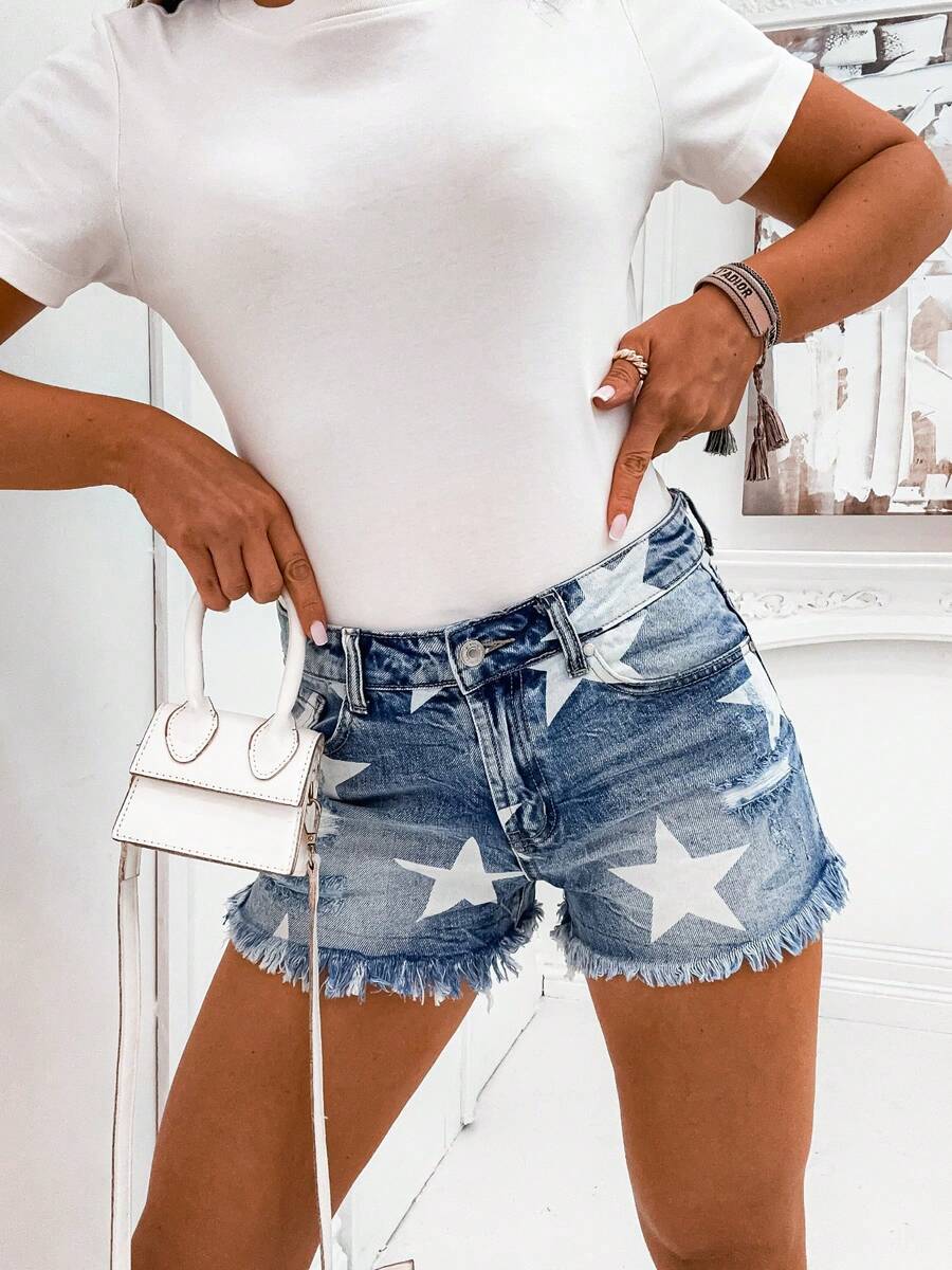Women's Shorts, Printed Design, Washed Denim Shorts, Star Print, Summer Casual Style, Distressed Pockets, Everyday Wear. - Blue - View 1
