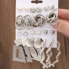 10-Piece Vacation Simple Exaggerated Europe And The United States Metal Wind Butterfly Flower Twist Polygonal Imitation Pearl Ladies Earrings Earrings Set Women's Party Travel Holiday Essential Dating - [bạc] - Xem 3