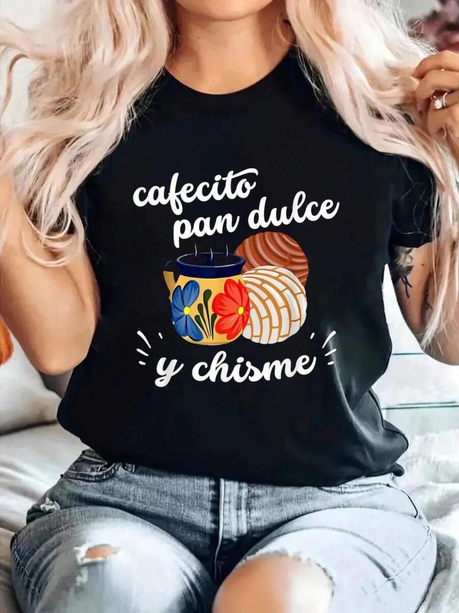 Plus Size Women Chicano Pride Coffee Dessert And Gossip Graphic T-Shirt Black Short Sleeve Crewneck Casual Top Machine Washable Mexican Style Breakfast Design Women Size L-3XL 4XL 5XL - màu đen - Xem 1