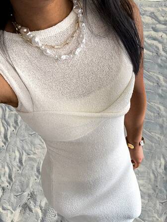 夏季女士度假风格纯色性感半透明无袖紧身裹身针织沙滩装无袖长裙