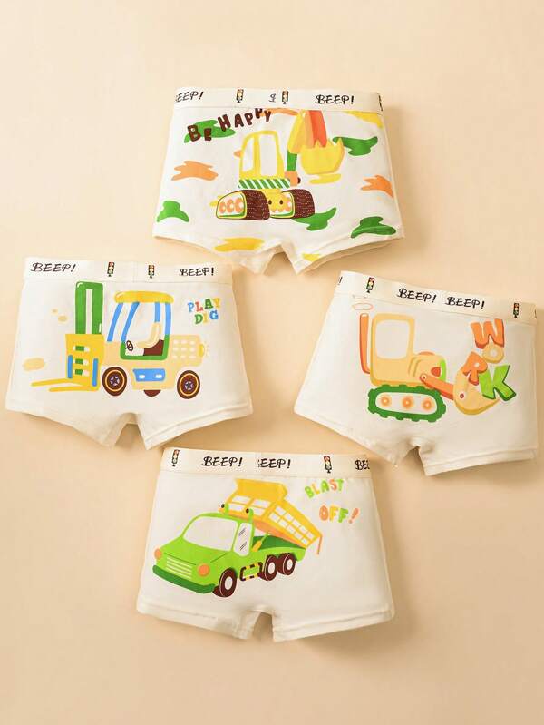4 Stücke/Pack Jungen Komfortable atmungsaktive Unterwäsche, Cartoon Bagger Truck Muster Boxershorts für Kleine, Mittlere und Große Kinder, ein Geschenk für Jungen