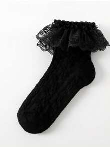 1 par de calcetines hasta la pantorrilla de encaje con contraste de color, cómodos y respirables, calcetines de princesa dulce para niñas