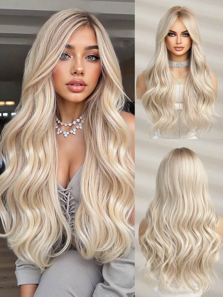 金色中分刘海长卷发假发，26英寸，日常仿真头皮，自然逼真，适合作为开斋节礼物、角色扮演、派对婚礼假发以及日常佩戴，也适合音乐节等场合。