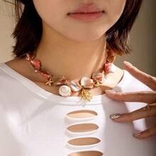 1pc Pink Shell & Coral Stainless Steel Necklace, Beach Vacation Style For Women, Suitable For Daily Wear