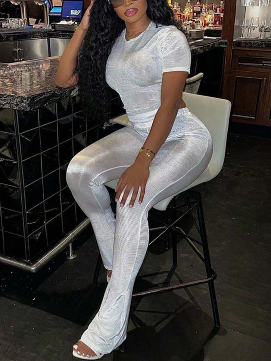 女士时尚休闲纯色弹力修身圆领短袖上衣喇叭裤春秋运动服派对两件套运动街头装