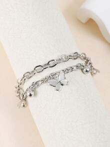 1pc Minimalist Double-Layer Metal Butterfly Bracelet, Suitable For Women Everyday Accessories, Date Gifts, Party Occasions - Silver - View 2