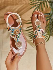 Latest Bohemian Style Roman Flat Sandals, Brown Toe Post Women Flat Sandals - Beige - View 2