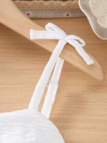 Young Girl Bowknot Adjustable Strap Pleated Double-Layer Skirt Dress, Light Blue - White - View 5