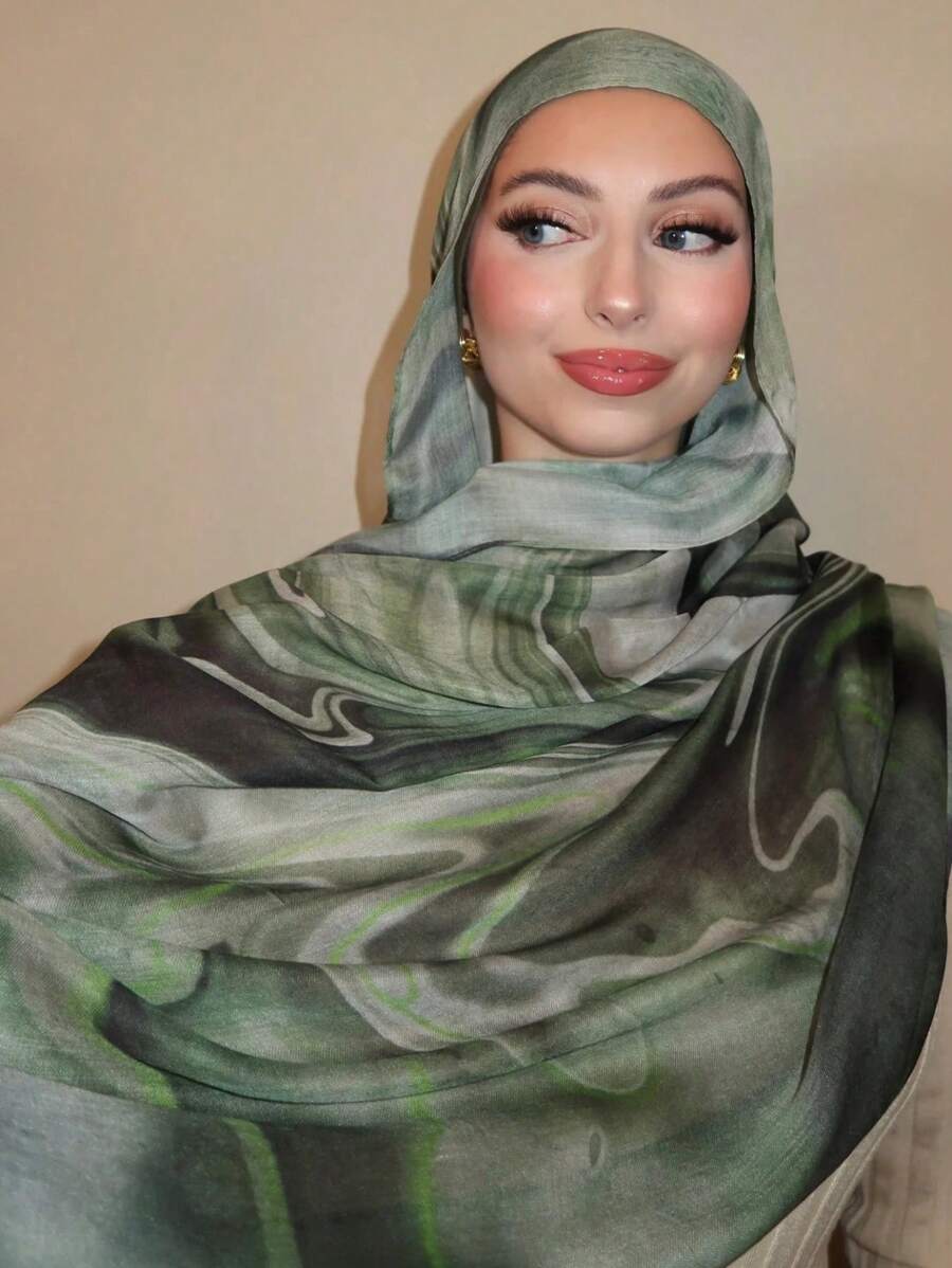 1PC Women Printed Hijab, Bohemian Watercolor Scarf,Marble, Water Ripple, Tie Dye Printed Hijab Scarf, Suitable For Daily Wear