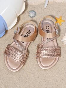 A Pair Of Shiny Girls' Summer Fashionable Girls' Flat Slippers, Fairy Style, Girls' Favorite, Suitable For School, Beach, Home, Various Venues To Wear, The Best Choice For Taking Photos - Bronze - View 2