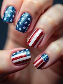 24 Peças Kit de Unhas Postiças Quadradas Médias Francesas Azul, Design Estrela e Listras da Bandeira do Dia da Independência Brilhante, Ajuste Perfeito para Unhas Falsas, Kit de Unhas Falsas de Cobertura Completa, Inclui 1 Peça folha de Adesivos e 1 Peça Mini Lixa, Para Uso Diário, Escritório, Casa, Festa, Acessórios de Joias Femininas, Dicas de Unhas Falsas 1 Peça Tira de Lixa Gelatina Gel, Remessa Aleatória