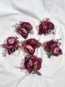 1支/6支装仿真酒红色玫瑰新娘手腕花伴娘女士姐妹手捧花婚礼鲜花派对装饰情人节配饰 - 酒紅色 - 查看 2