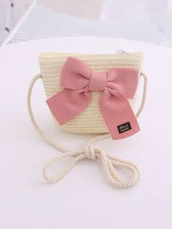 1 pièce Mini sac à dos de princesse avec paille, décoré de lettres et d'un nœud de style dessin animé, mignon pour tous les jours