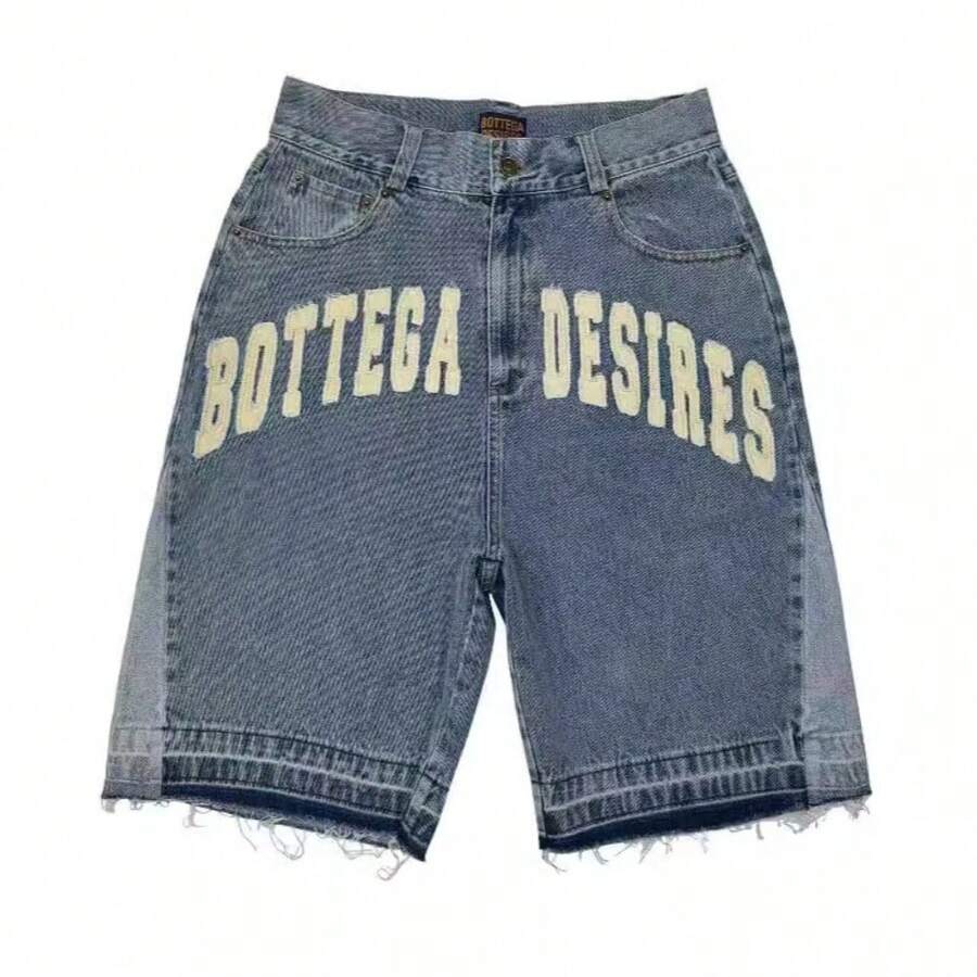 2025 Pantalones cortos vaqueros con bordado de cruz gótica estilo hip hop de la calle, pantalones cortos vaqueros casuales y versátiles - Azul - Ver 1