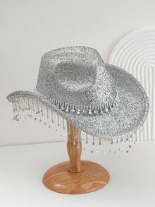 1pc Unisex Metallic Shine Solid Color Cowboy/Cowgirl Hat With Colorful Gems Studded Belt, Bling Tassel Accent, Suitable For Birthday Party, Western Theme Event, Gathering, Cosplay, Graduation, Masquerade, Festival, Wedding, Birthday Celebration, Music Festival, Coming Of Age Ceremony Thanksgiving Christmas Winter Holiday Outfit Women