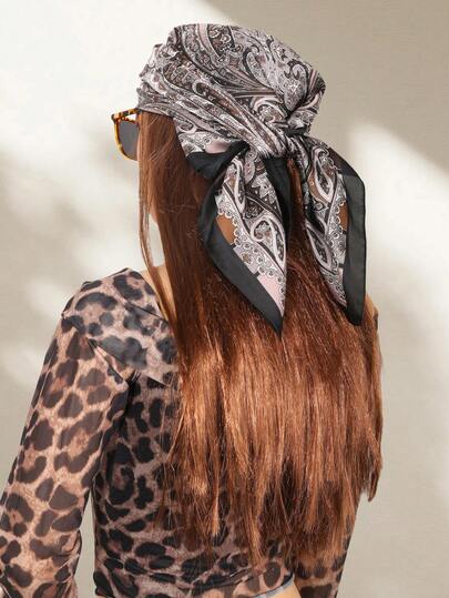 1 件女式黑色和棕色腰果航海丝绸围巾 70 厘米方形，日常休闲头巾装饰围巾发巾