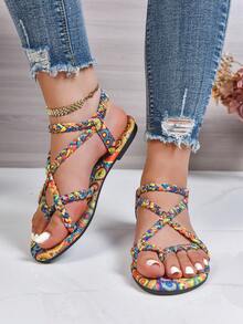 女士露趾优雅细跟凉鞋，简约舒适编织平底夏季鞋