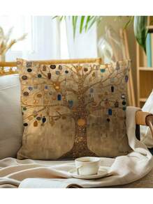 1pc Pillowcase With 2-Sided Gustav Klimt Tree Of Life Design, 18"X18", Bright Polyester Fabric, Machine Washable, Zippered, Hypoallergenic, Suitable For Cozy Bedroom & Living Room Decor (Pillow Insert Not Included)