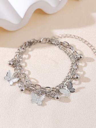 1 件简约双层金属蝴蝶手链，适合女性日常配饰、约会礼物、派对场合