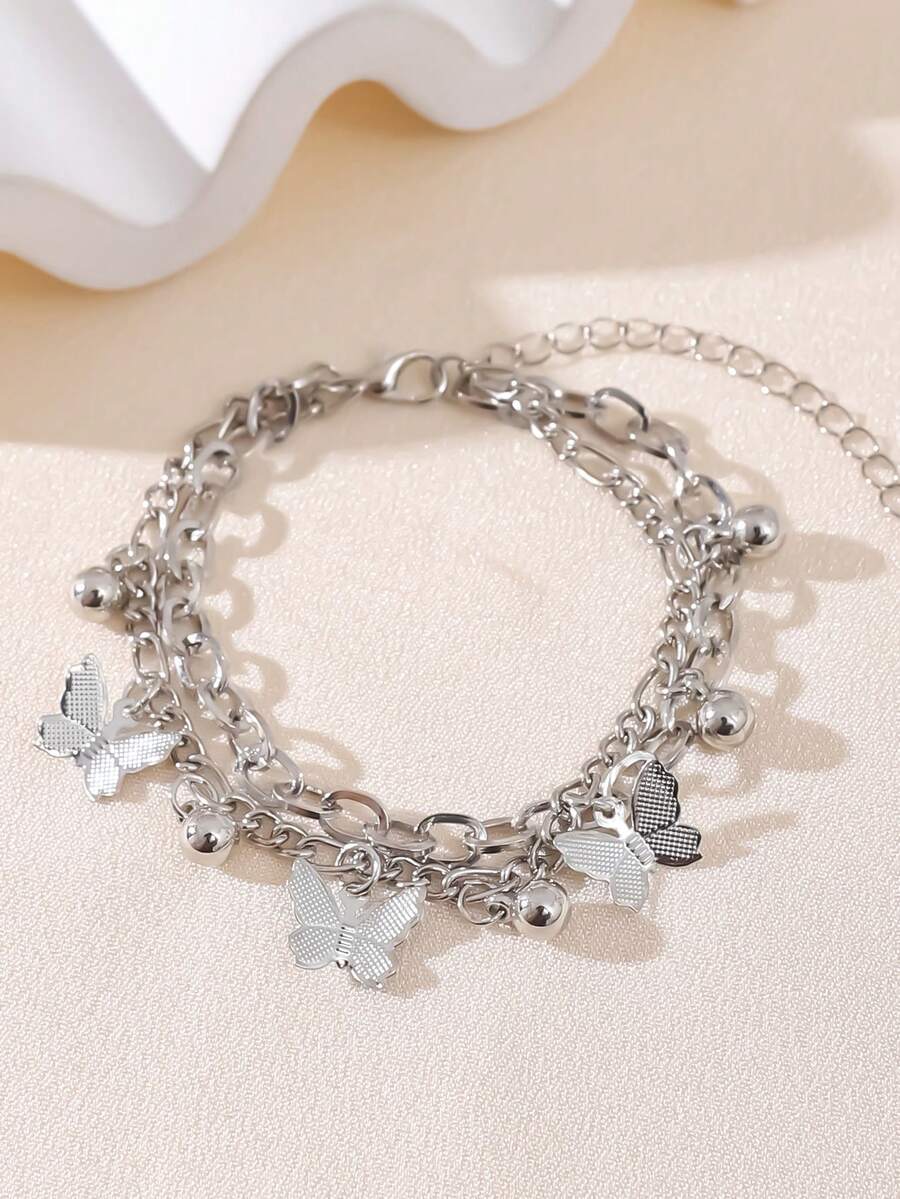 1pc Minimalist Double-Layer Metal Butterfly Bracelet, Suitable For Women Everyday Accessories, Date Gifts, Party Occasions - Silver - View 1