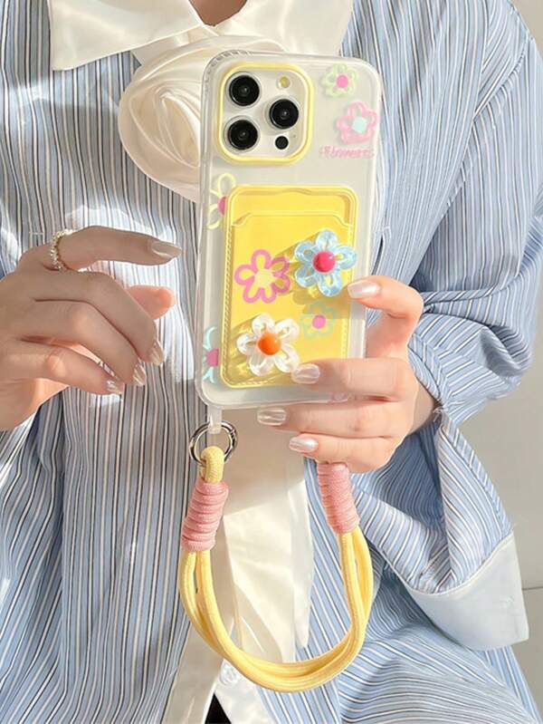 Étui de téléphone avec porte-cartes et cordon à fleurs colorées 3D de style INS pour iPhone 16 Pro Max/iPhone 15 Pro Max (nouveau modèle 11), coque de protection en silicone souple anti-chute pour iPhone 12 Pro/13, style femme