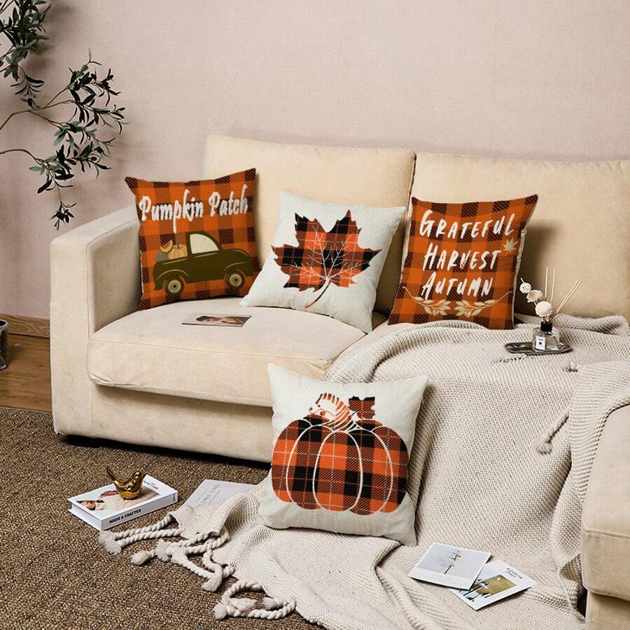 1/2/4pcs Pumpkin Linen Print Pillow Cover & Chair Cover, Thanksgiving Decorative Cushion Cover For Living Room Bed Sofa Home Decor, Soft & Minimalist Design, Cover Only - No Insert