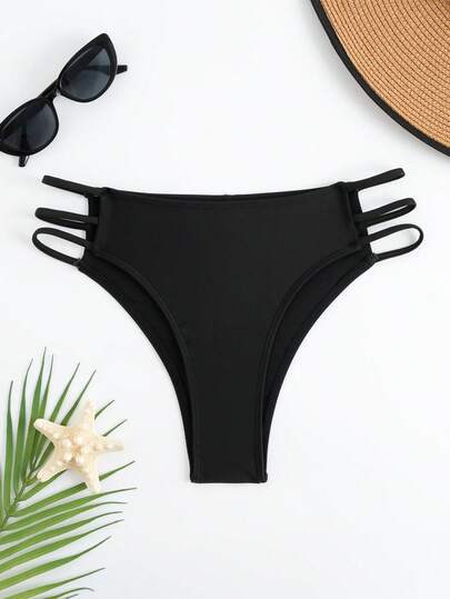 1pc Women Sexy Black Strappy Hollow-Out Low Waist Bikini Bottoms, Versatile Swimsuit For Beach