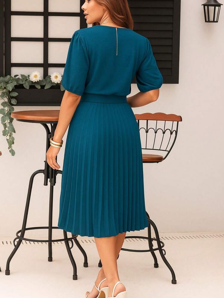 Vestido Midi Feminino com Cinto Plissada com manga - Azul petróleo - Visão 2