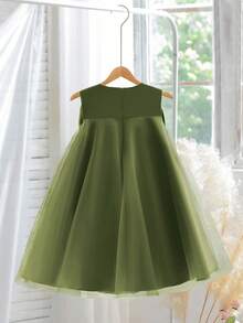 Young Girl Green Big Bow Decor Tulle Christmas Party Elegant Dress, Princess Dress, Girls Birthday Party Gift Outfit, Flower Girl Wedding Gown, Holiday Celebration - 軍綠色 - 查看 2
