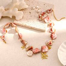 1pc Pink Shell & Coral Stainless Steel Necklace, Beach Vacation Style For Women, Suitable For Daily Wear