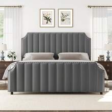 Ataucjin Queen Size Platform Bed Frame With 50.2" Headboard & Footboard,Velvet Upholstered Bed Frame Queen With Vertical Channel Tufted Headboard & Footboard,Nailhead Trim,No Box Spring Needed - Light Grey - View 2