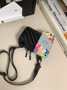 男士纯色方形单肩包，可调节肩带斜挎包 - 黑色 - 查看 3