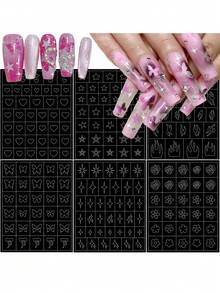 7件套美甲镂空贴纸套装，美甲模板，线条网格豹纹图案，让美甲/沙龙工作更轻松 - 彩色 - 查看 4