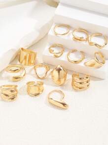 Set de 14/3 piezas de anillos elegantes y retro con textura asimétrica, efecto geométrico y líquido, de banda gruesa y diseño minimalista de metal, adecuados para fiestas, vacaciones, citas, regalos y uso diario