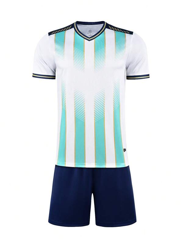 2pcs/Set Soccer Training & Running Sportswear Set, Geometric Striped Breathable Short Sleeve T-Shirt And Quick-Dry Shorts, Suitable For Outdoor Sports, Casual Outing, Holiday And Party