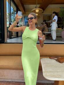 FOR BEAUTY 春夏新款绿色圆领扭纹无袖女毛衣太阳裙定制秀身材沙滩度假风针织长裙度假装