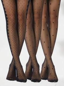 3 Paar modische Damen Strumpfhosen mit Jacquard-Herzmuster und Polka Punkten in Schwarz, Anti-Kratz, stark und strapazierfähig, mit hoher Elastizität, geeignet für Lolita, JK, täglichen Lässig Wear, Unterziehstrümpfe