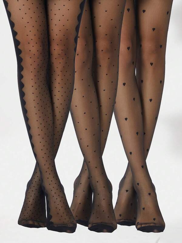 3 Paar modische Damen Strumpfhosen mit Jacquard-Herzmuster und Polka Punkten in Schwarz, Anti-Kratz, stark und strapazierfähig, mit hoher Elastizität, geeignet für Lolita, JK, täglichen Lässig Wear, Unterziehstrümpfe