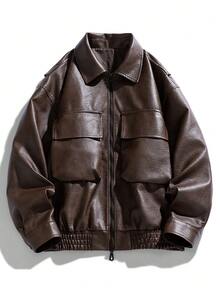 Men's Long Sleeve Spring/Autumn Casual Loose-Fit Lapel Motorcycle Leather Jacket - Coffee Brown - View 1