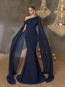 Faeriesty 优雅雪纺晚礼服，肩部饰有串珠，袖子飘逸，适合奢华晚宴和红毯盛装 - 藏蓝色 - 查看 1