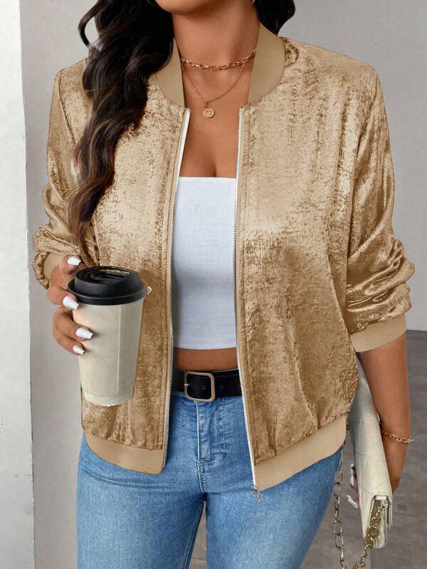 Jaqueta de beisebol leve casual feminina KeKe Wanli com zíper e acabamento em folha dourada metálica, tamanho grande, cardigan fashion para todas as estações